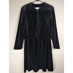 Susan Graver 2 Piece Set Black Velvet Quilted Jacket And Shift Dress Size Medium